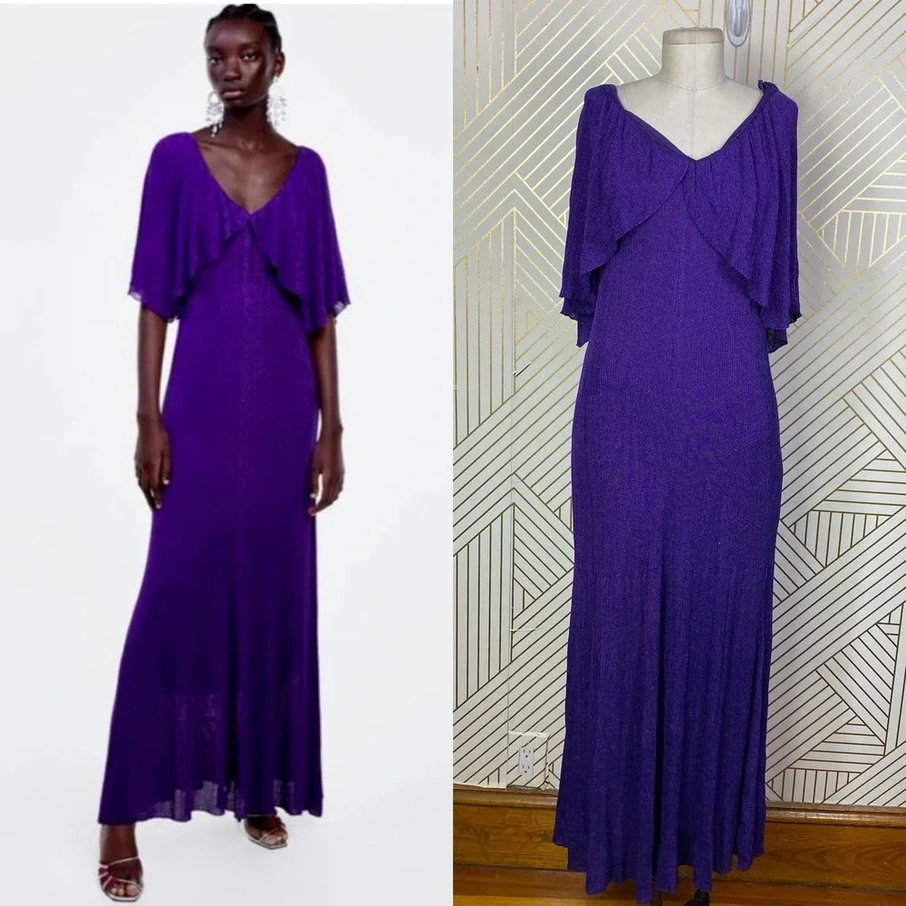 Zara‎ Dress Metallic Thread Shimmer Long Knit Maxi Cape Purple Size US Small